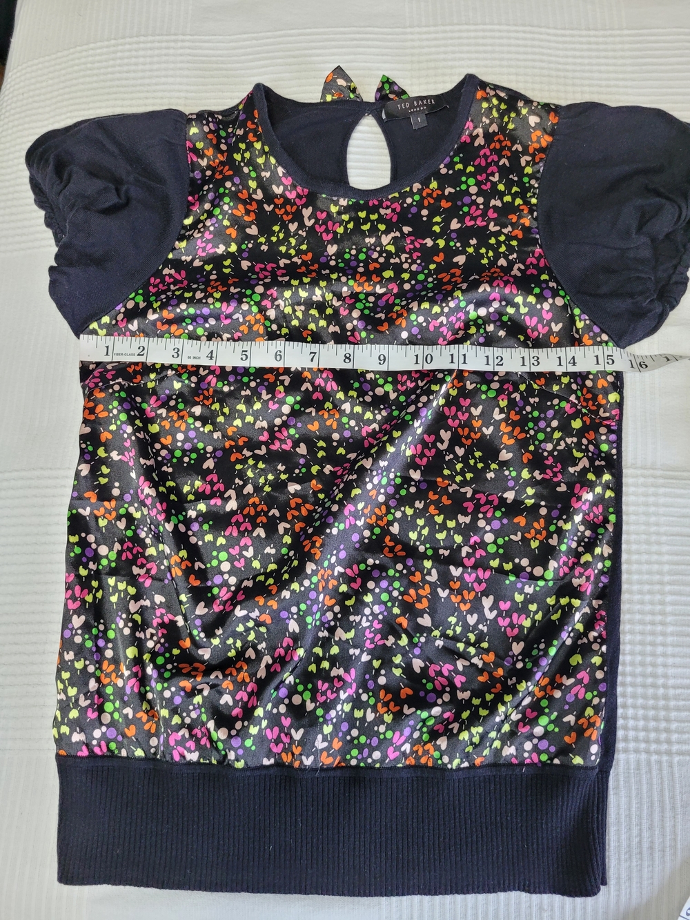 Ted Baker Sophiey Floral Print Mixed Media Puff Sleeve Bow Back Top - Sz 1 (S) - Picture 9 of 11